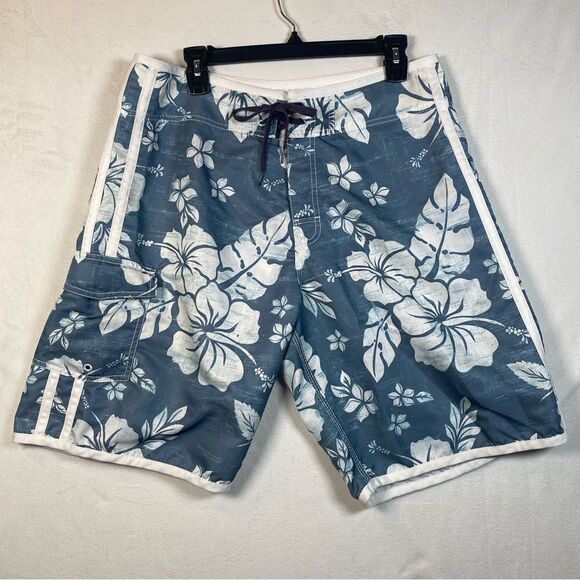 Honolua Surf Co Blue and White Tropical Floral Design Board Shorts Size 34 - Picture 1 of 12